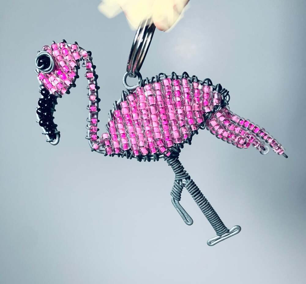 Pink Flamingo Keychain beaded metal